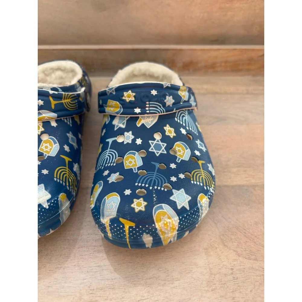 Crocs Hanukkah Classic Lined Clogs Navy Blue Menorah Dreidel Holiday Kids Sz 1